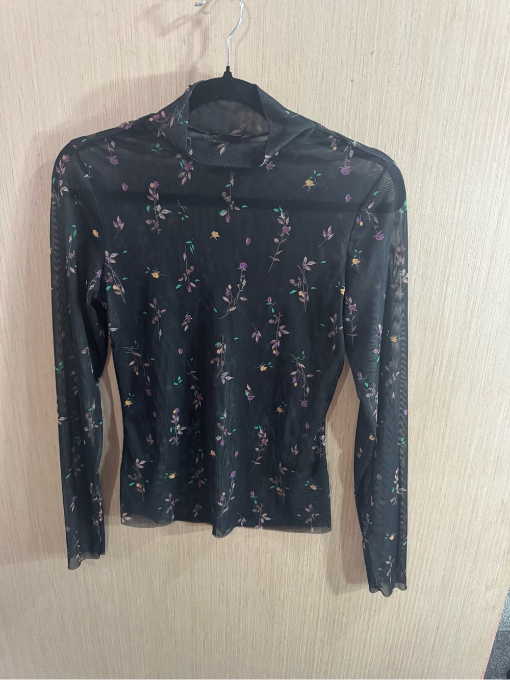 AFRM Black Sheer Floral Mock Neck Long-Sleeve Top Size Medium